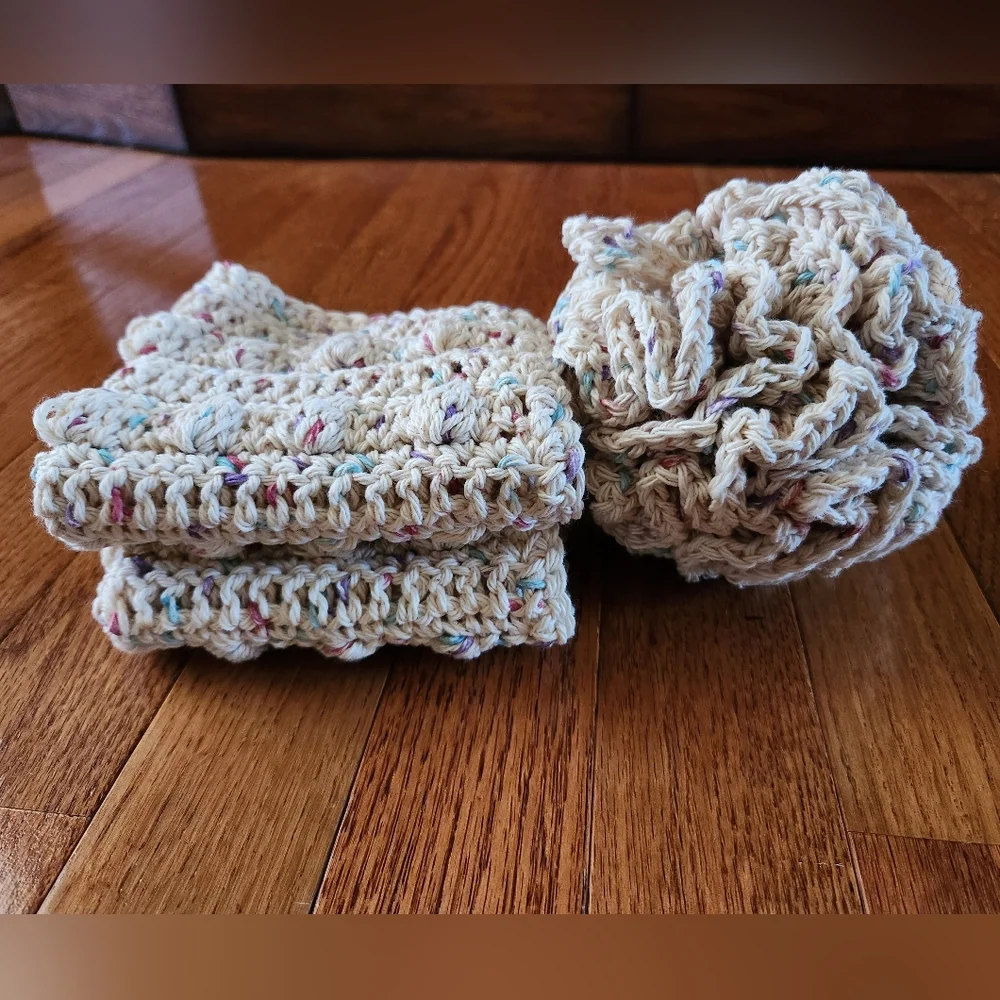 Crochet Shower Pouf and Bobble Washcloth Set